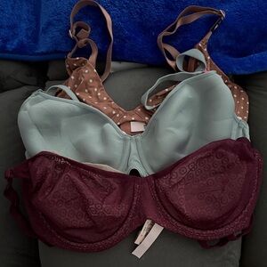 Victoria's Secret Three-Bra Set in Light Blue, Brown Polka Dot & Burgundy